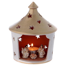 Laterne für Teelicht Hütte Form mit heiligen Familie Terrakotta Deruta weiss/gold 15cm