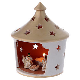 Laterne für Teelicht Hütte Form mit heiligen Familie Terrakotta Deruta weiss/gold 15cm