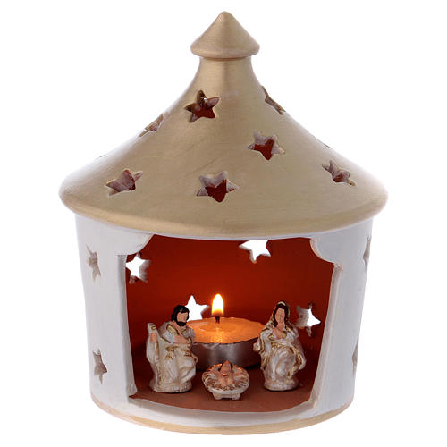 Laterne für Teelicht Hütte Form mit heiligen Familie Terrakotta Deruta weiss/gold 15cm 1