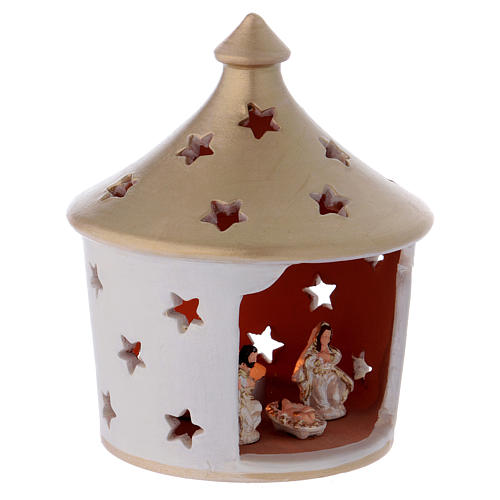 Laterne für Teelicht Hütte Form mit heiligen Familie Terrakotta Deruta weiss/gold 15cm 3