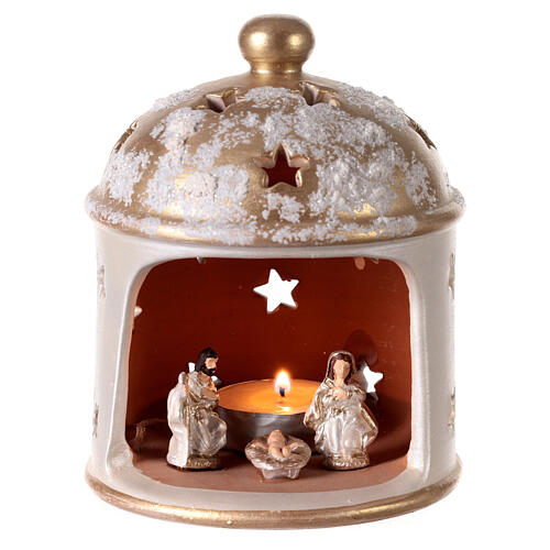 Laterne für Teelicht Hütte Form mit heiligen Familie Terrakotta Deruta weiss/gold 1
