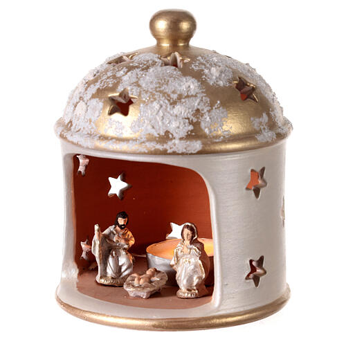 Laterne für Teelicht Hütte Form mit heiligen Familie Terrakotta Deruta weiss/gold 2