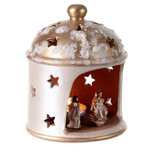 Laterne für Teelicht Hütte Form mit heiligen Familie Terrakotta Deruta weiss/gold 3
