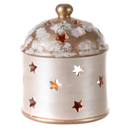 Laterne für Teelicht Hütte Form mit heiligen Familie Terrakotta Deruta weiss/gold 4