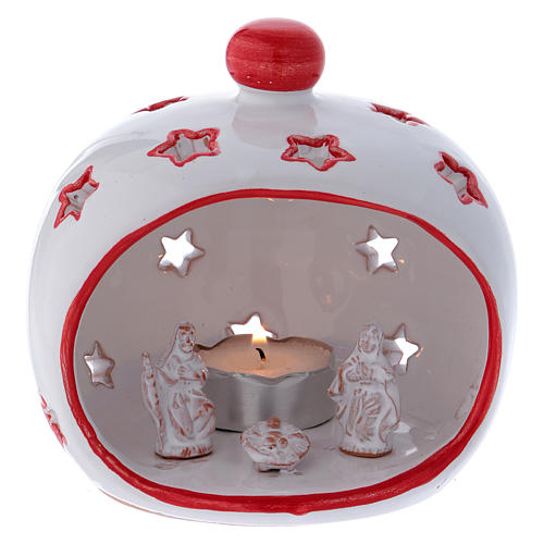 Laterne für Teelicht Kugelform mit heiligen Familie Terrakotta Deruta weiss/rot 1