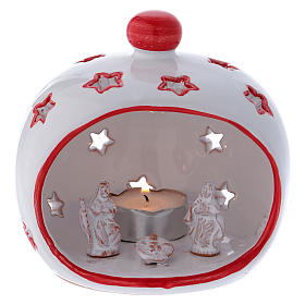 Oval candle holder with Nativity and red decorations in Deruta terracotta