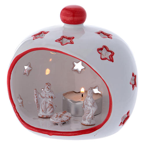 Porta vela oval com Natividade e detalhes vermelhos em terracota Deruta 2