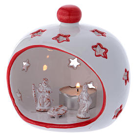 Oval Tealight Holder with Nativity and red finishing in terracotta Deruta