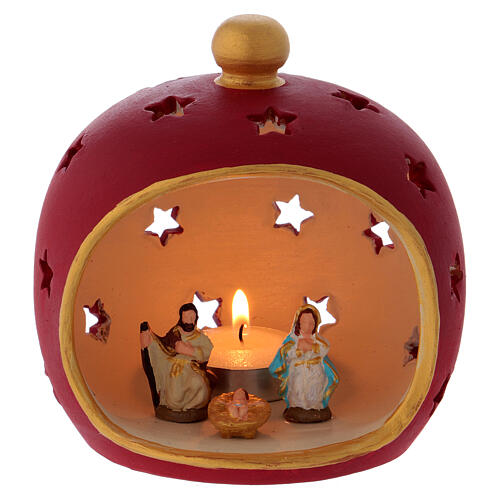 Bordeaux runder Kerzenhalter mit Heiliger Familie aus Terrakotta von Deruta 1