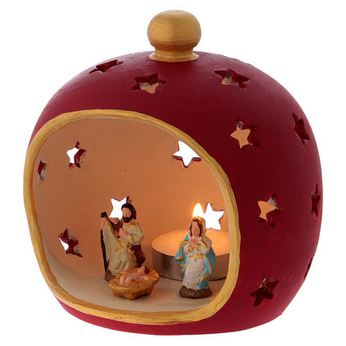 Red round candle holder with Holy Family in Deruta terracotta 2
