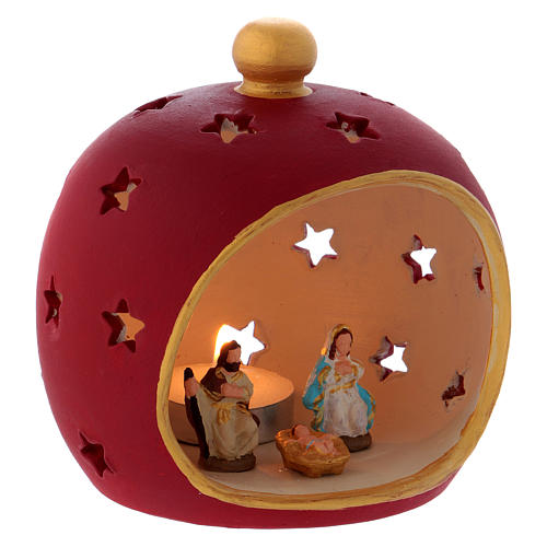 Red round candle holder with Holy Family in Deruta terracotta 3