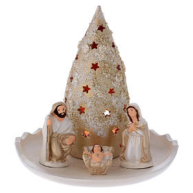 Krippe aus Terrakotta: Laterne für Teelicht Tannenbaum Form mit heiligen Familie Terrakotta Deruta weiss/gold