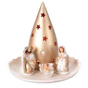 Laterne für Teelicht Tannenbaum Form mit heiligen Familie Terrakotta Deruta weiss/gold