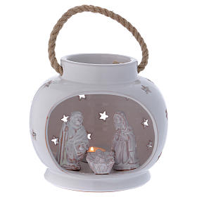 Lanterne ronde blanche brillante avec Nativité en terre cuite Deruta