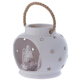 Lanterne ronde blanche brillante avec Nativité en terre cuite Deruta