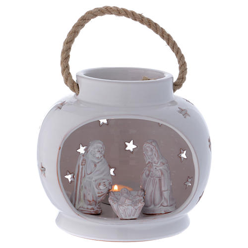 Lanterne ronde blanche brillante avec Nativité en terre cuite Deruta 1