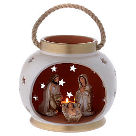 Lanterne ronde ivoire et or avec Nativité en terre cuite Deruta
