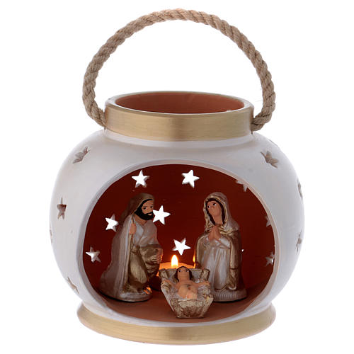 Lanterne ronde ivoire et or avec Nativité en terre cuite Deruta 1