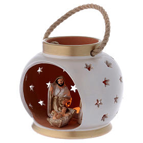 Lanterna portátil cor-de-marifm e ouro com Natividade em terracota Deruta