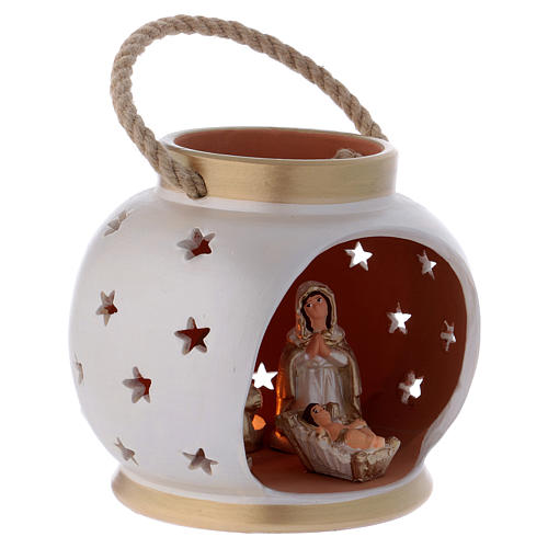 Portable Lantern ivory and gold with Nativity in Deruta terracotta 3