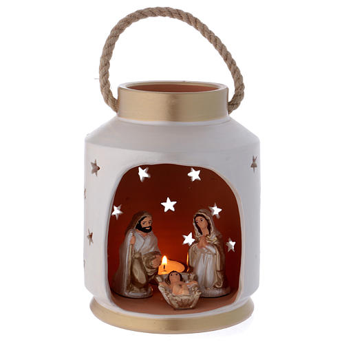 Lanterna cilíndrica cor-de-marfim e ouro com Sagrada Família em terracota Deruta 1