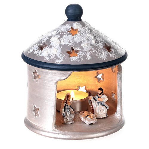 Teelicht Leuchter Hütte form mit heiligen Familie Terrakotta Deruta silberfarbig 3
