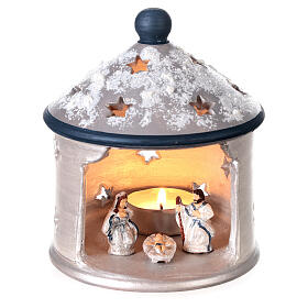 Silver hut-shaped candle holder with Holy Family in Deruta terracotta