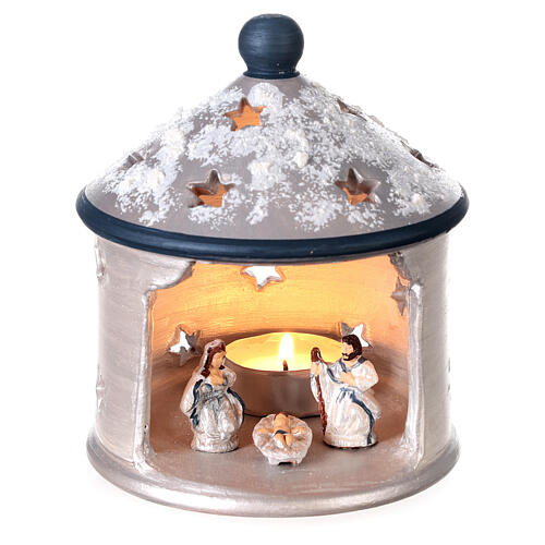 Silver hut-shaped candle holder with Holy Family in Deruta terracotta 1