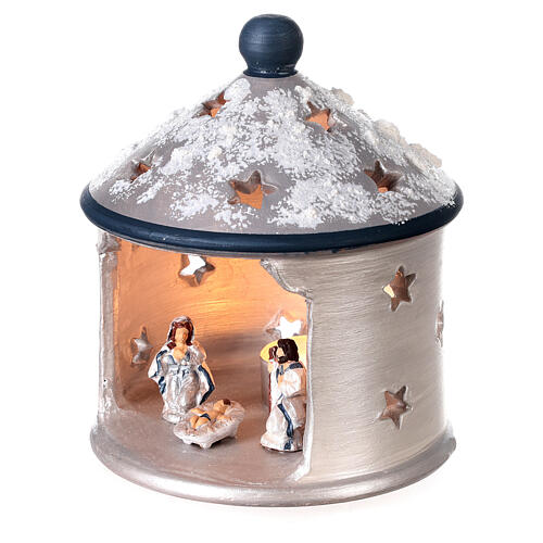 Silver hut-shaped candle holder with Holy Family in Deruta terracotta 2