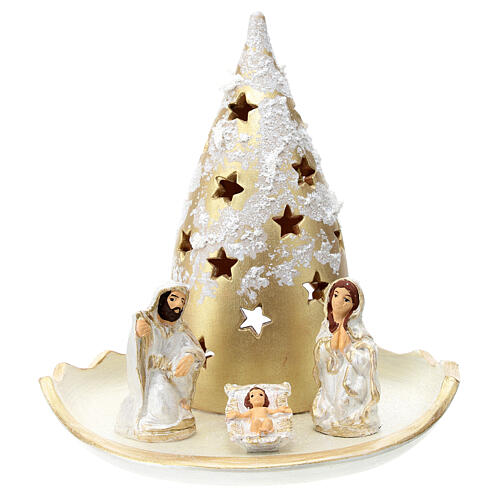Plate with golden and ivory Christmas tree and Holy Family in Deruta terracotta 1