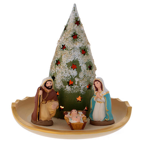 Holy Family and snowy Christmas tree in Deruta terracotta 1