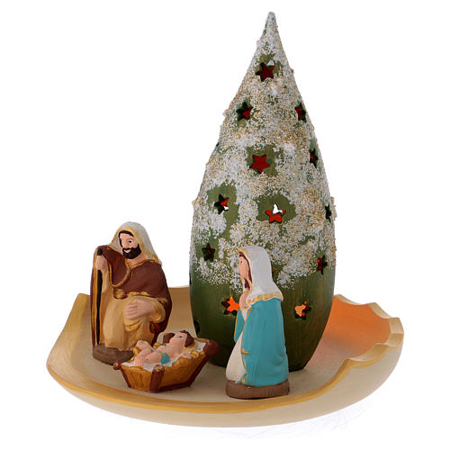 Holy Family and snowy Christmas tree in Deruta terracotta 3
