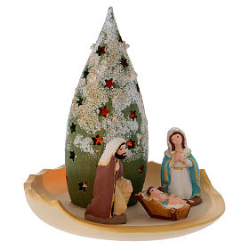 Composition of Sacred Family and snowy Christmas Tree in terracotta Deruta