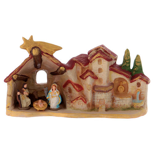 Stable with Holy Family and landscape with houses in Deruta terracotta 1