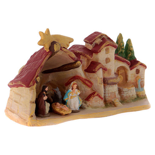Stable with Holy Family and landscape with houses in Deruta terracotta 3