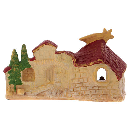 Stable with Holy Family and landscape with houses in Deruta terracotta 4