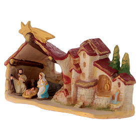 Stable with Nativity and Houses with scenery in terracotta Deruta