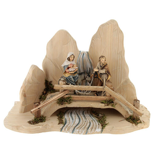 Escape to Egypt with bridge Original Nativity Scene in painted wood from Val Gardena 12 cm 1
