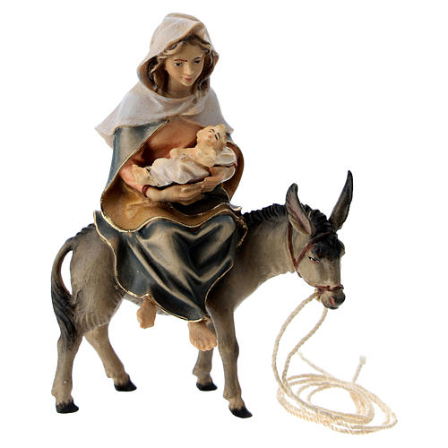 María sobre su burro con Niño Jesús y pergamino belén Original madera pintada Val Gardena 10 cm de altura media 1