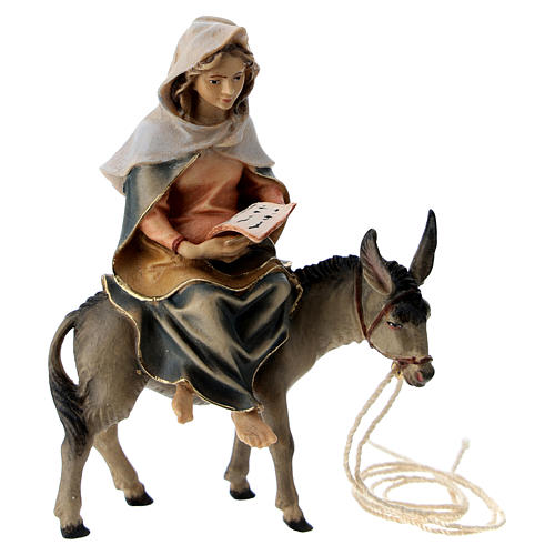 Maria com Menino Jesus e pergaminho no burro presépio Original madeira pintada Val Gardena 10 cm 2