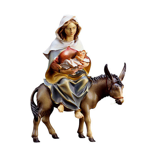 María sobre su burro con Niño Jesús y pergamino belén Original madera pintada Val Gardena 12 cm de altura media 1