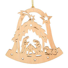 Christmas tree ornaments in wood and pvc: Christmas tree decoration bell shaped with Holy Family
