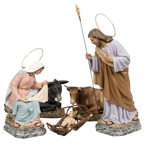 Nativity with donkey and ox in wood pulp, 40cm 1