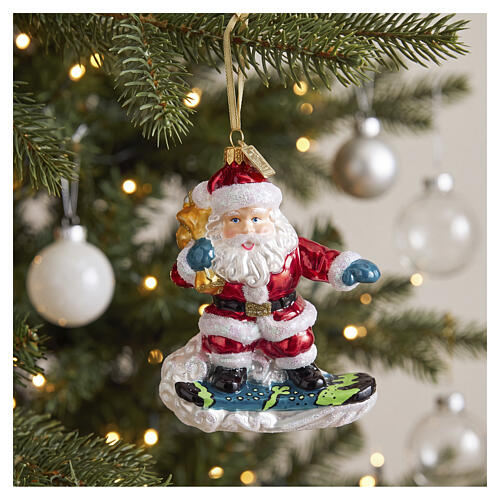 Santa Claus on a Snowboard blown glass Christmas tree ornament 2