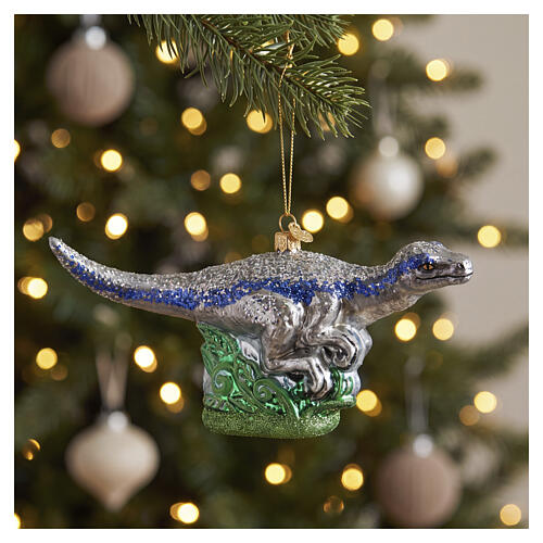 Velociraptor Blue Streak de vidrio soplado para árbol de Navidad 2