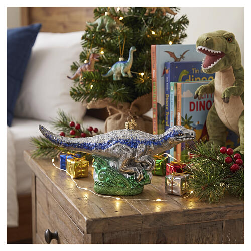 Blown glass Christmas ornament, Velociraptor Blue Streak 4