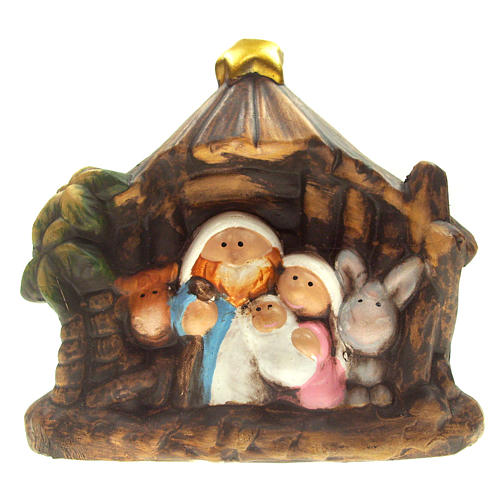 Nativity scene with stable and statues in ceramic, 11.5cm 1