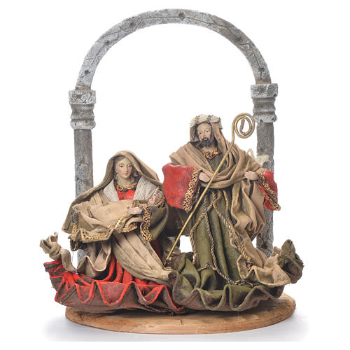 Nativity scene with arch in fabric and resin green red finish measuring 41cm 1