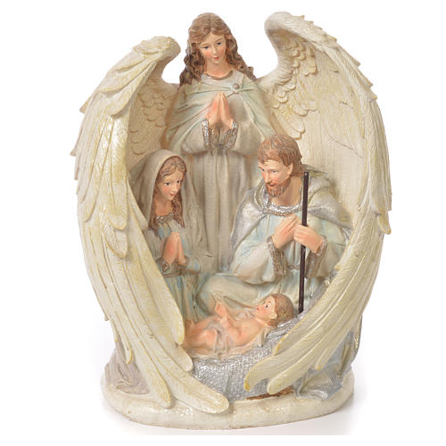 Sacra Famiglia con Angelo 31 cm resina fin. White 1