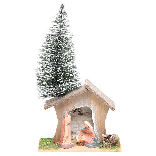 Stable with fir tree and Holy Family 22x13x7cm 1
